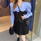 Plain Blouse / Button-up Vest / Mini Pleated Skirt