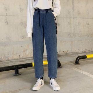 Elastic Waist Fleece-lined Straight-cut Jeans
