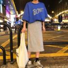 Set: Lettering Elbow Sleeve T-shirt + Contrast Trim Midi Skirt