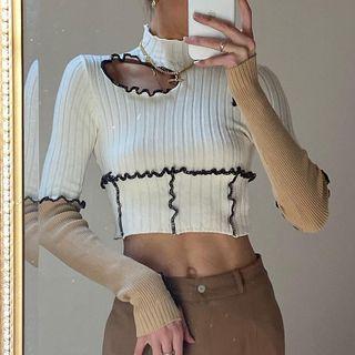 Long-sleeve Mock-neck Lettuce Edge Color Block Cutout Crop Top