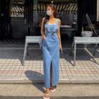 Deep-slit Maxi Denim Overall Dress Blue - One Size