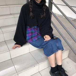 Long-sleeve Cropped Knit Sweater / Plaid Shirt
