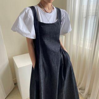 Puff Sleeve Crinkled Blouse / Stitch Denim Tank Dress