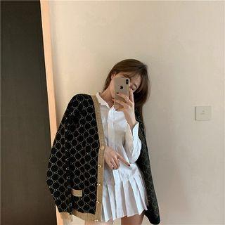 Color-block V-neck Single-breasted Long-sleeve Cardigan