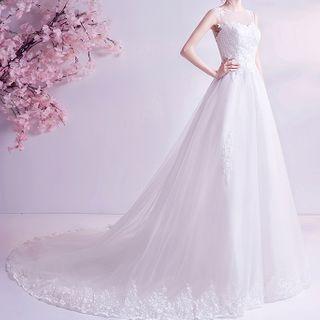 Mesh Panel Sleeveless A-line Wedding Gown