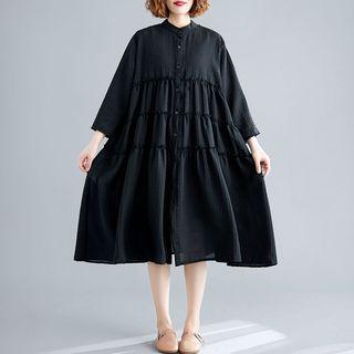 Plain Long-sleeve Dress Black - L