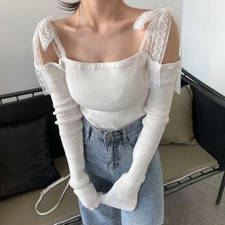 Long-sleeve Off-shoulder Lace Tie Top