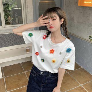 Elbow-sleeve Floral T-shirt White - One Size