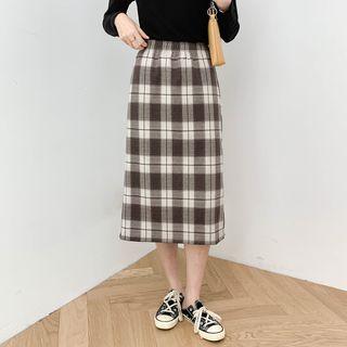 High-waist Plaid A-line Split Skirt