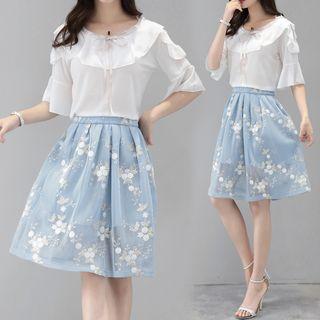 Set: Elbow-sleeve Blouse + Floral A-line Skirt