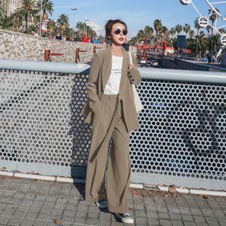 Set: Plain Open Front Blazer + Wide-leg Pants