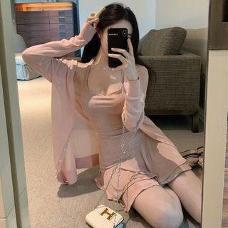 Ruffle-hem Mini Halter Dress / Long Light Cardigan