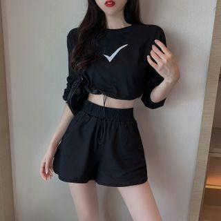 Printed Long-sleeve Top / High Waist Wide Leg Shorts