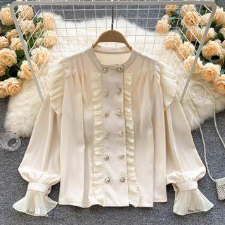 Round-neck Ruffle Ruched Puff-sleeve Top