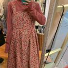 Long-sleeve Mock-neck Top / Sleeveless Floral Print Corduroy Midi A-line Dress