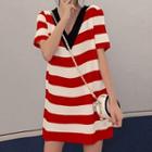 Short-sleeve Striped Knit Dress Stripes - Red & White - One Size
