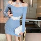 Long-sleeve Halter-neck Lace Panel Knit Mini Dress