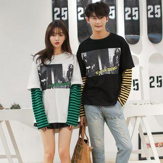 Couple Matching Mock Two Piece Long-sleeve T-shirt