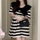 Short-sleeve Striped Knit Collared Shift Dress