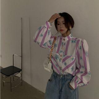 Long-sleeve Floral Striped Stand Collar Shirt Purple - One Size