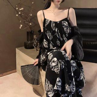 Spaghetti Strap V-neck Open-back Printed Dress / Long-sleeve Plain Cropped Cardigan