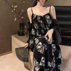Spaghetti Strap V-neck Open-back Printed Dress / Long-sleeve Plain Cropped Cardigan
