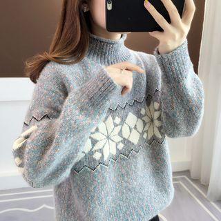 Patterned Mock-neck Melange Sweater