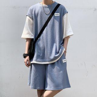 Set: Elbow-sleeve Mock Two-piece T-shirt + Shorts
