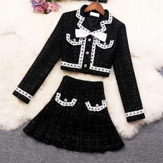 Set: Contrast Trim Single Breasted Blazer + A-line Skirt