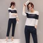 Set : Colour Block 3/4-sleeve Top + Capri Pants