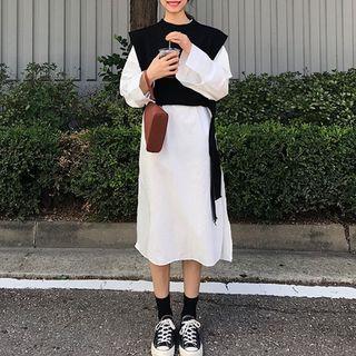Long-sleeve Split Hem Midi Shirt Dress White - One Size
