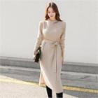 Crew-neck Knit Long Dress With Sash