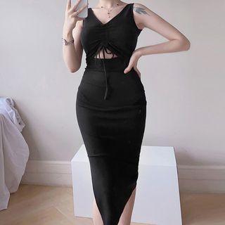 Sleeveless Drawstring Ribbed Midi A-line Dress