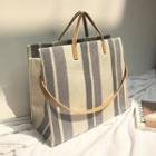 Striped Canvas Tote Bag With Shoulder Strap As Shown In Figure - One Size