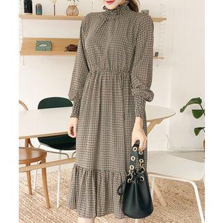 Smocked-neck Plaid Ruffle-hem Dress