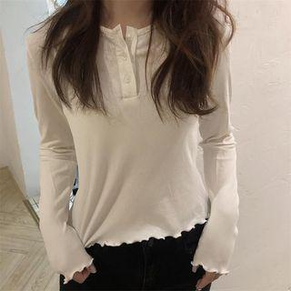 Plain Wood Ear Trim Long-sleeve Knit Top