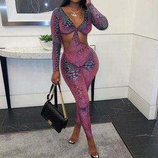 Leopard Print V-neck Long Sleeve Cut-out Open-back Jumpsuit