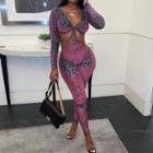 Leopard Print V-neck Long Sleeve Cut-out Open-back Jumpsuit