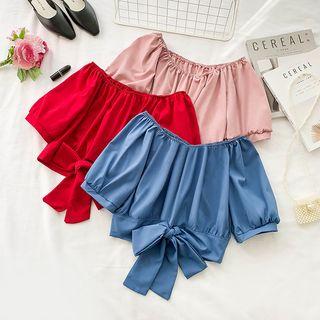 Off-shoulder Short-sleeve Bow-accent Crop Top