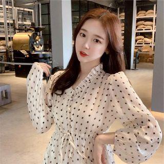 Long-sleeve Midi Dotted Layered Dress White - One Size