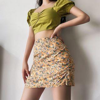 High-waist Ruched Floral Mini Skirt