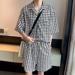 Set: Short-sleeve Houndstooth Shirt + Shorts