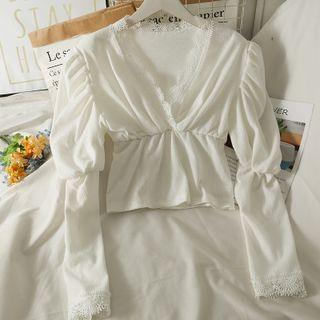 Puff-sleeve Lace-trim Ruched Crop Blouse
