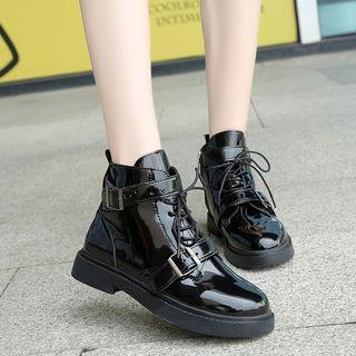 Patent Buckled Lace-up Ankle Boots