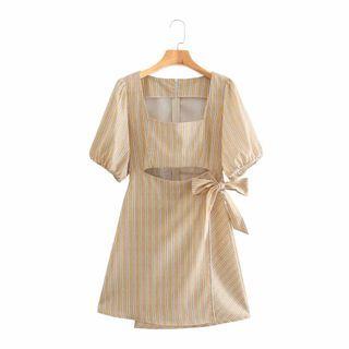 Puff-sleeve Striped Mini A-line Dress