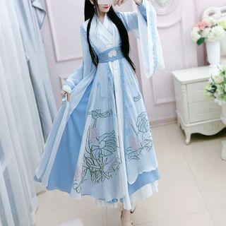 Bell-sleeve Embroidered Maxi Hanfu Dress + Belt
