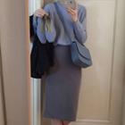 Long-sleeve Knit Top / Midi Fitted Skirt