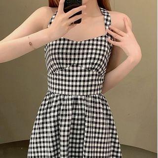 Halter Gingham Midi A-line Dress / Plain Cardigan