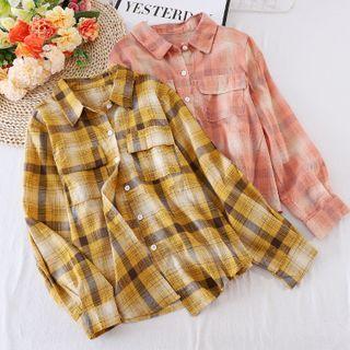 Long-sleeve Pocket Plaid Shirt Top