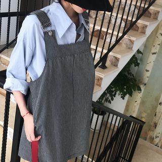 Plain Long-sleeve Loose-fit Shirt / Striped Jumper Dress